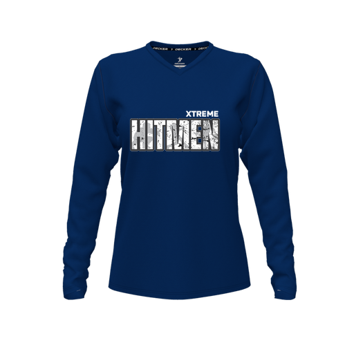 [CUS-DFW-TEES-PER-VNK-LSL-NVY-FYXS-LOGO2] Decker Performance T-Shirt (Female Youth XS, Navy, V Neck, Logo 2, Long Sleeve)